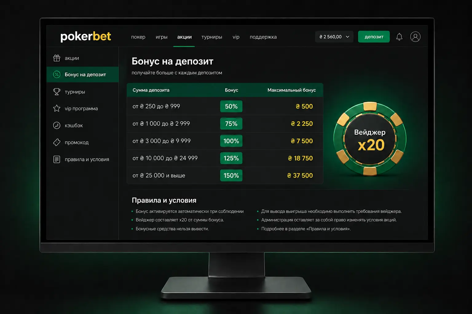 Условия бонусного пакета PokerBet за первые депозиты